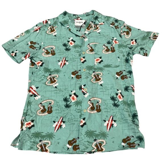 Goodiellow & Co Hawaiian Shirt Men S Meteor Green Guitars Standard Fit Button-Up - Picture 1 of 13